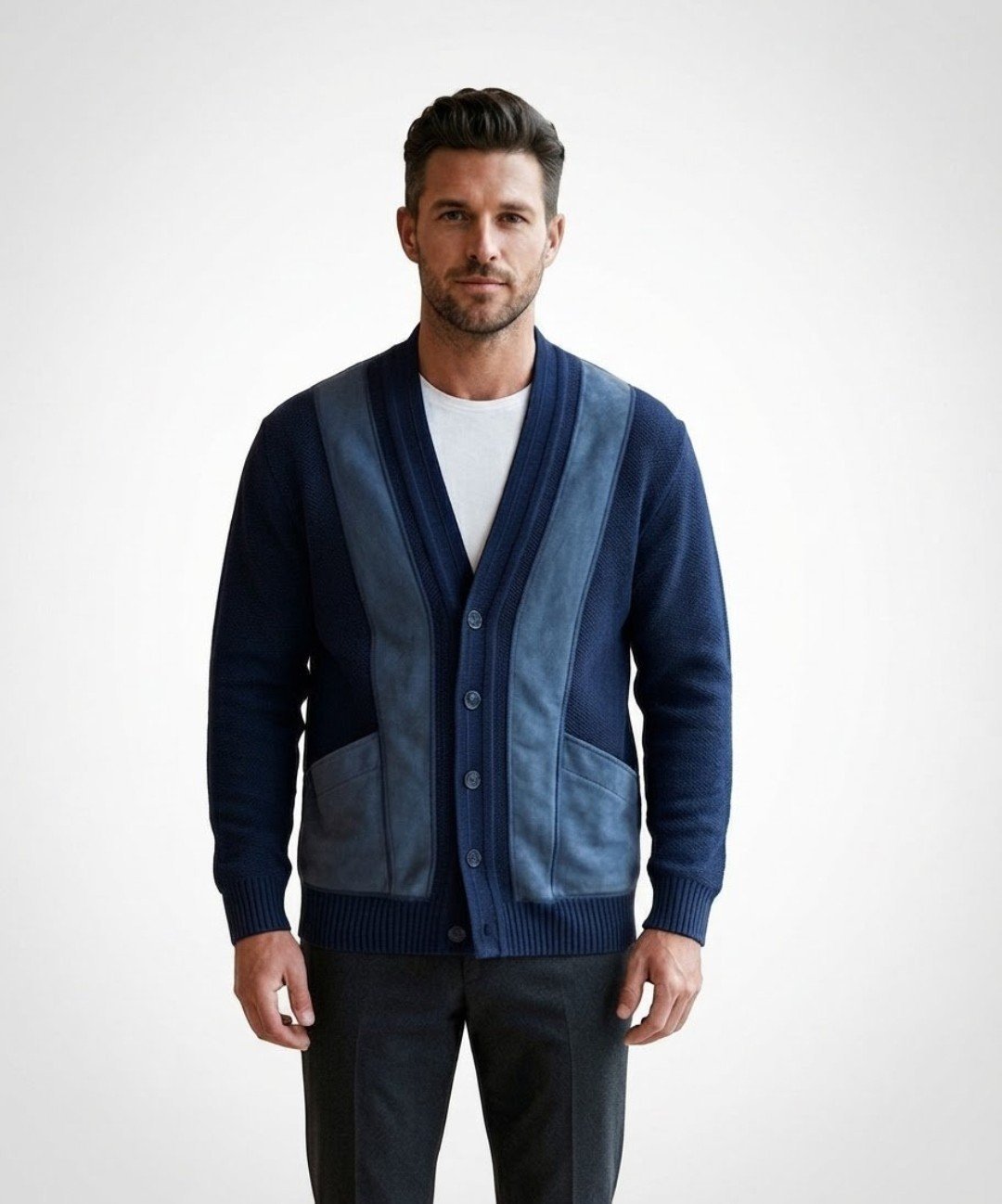 Gilet cardigan vintage bleu marine avec empiècements en daim