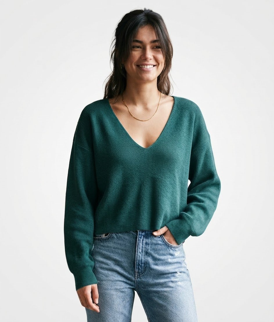 Pull col V vert sapin Dynamite - manches bouffantes 