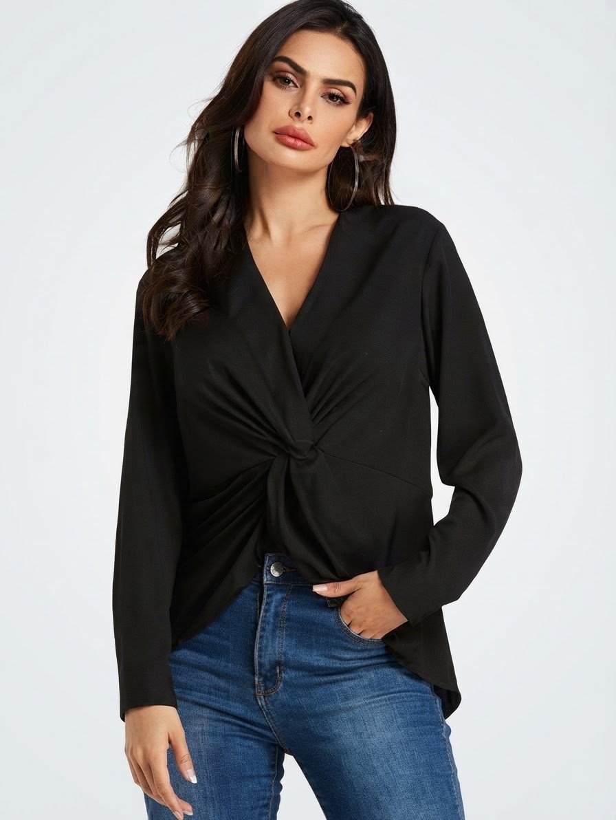 Chemisier / Blouse élégante noire à manches longues avec nœud frontal