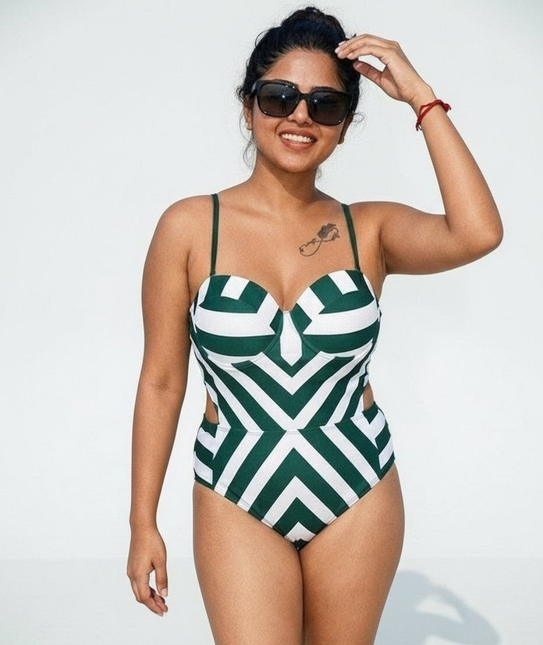 Maillot de bain 1 pièce à rayures vert émeraude et blanc – Style Pin-up Graphique