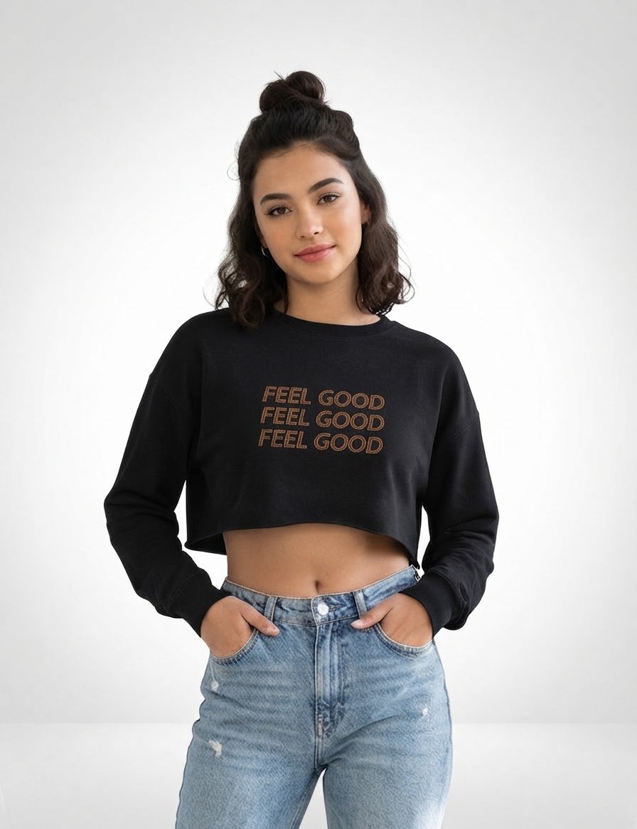 Crop top sweatshirt noir « FEEL GOOD » – Coupe tendance & style streetwear