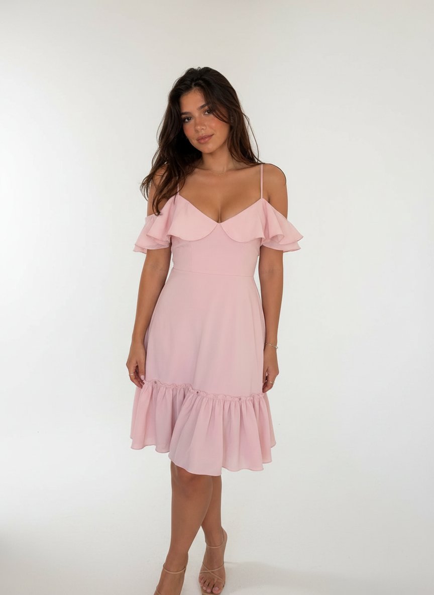 Robe mi-longue rose poudré à épaules dénudées et volants