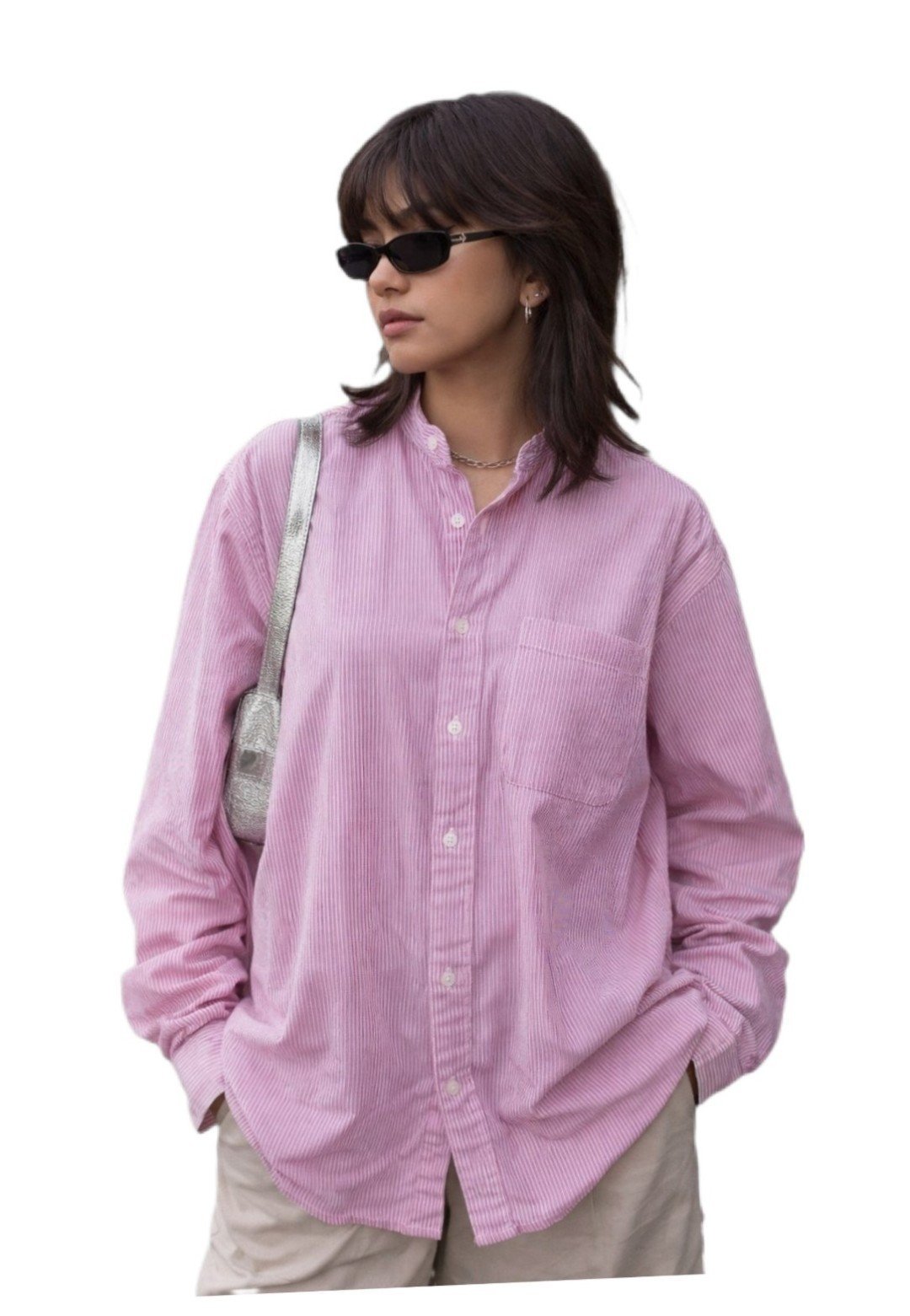 Chemise oversize col mao rayée rose et blanc - Newport
