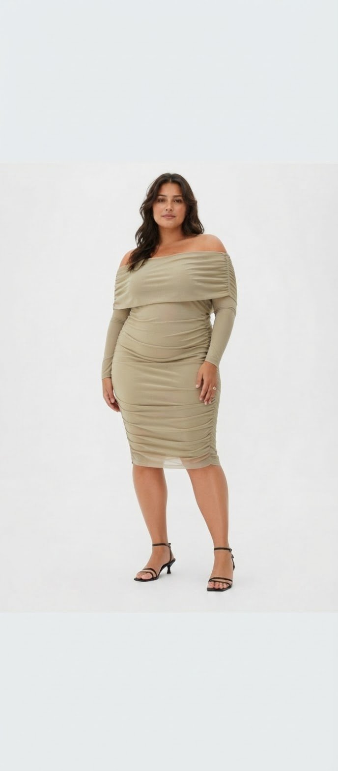 Robe mi-longue bardot ruchée - Beige / Nude - Taille XL 