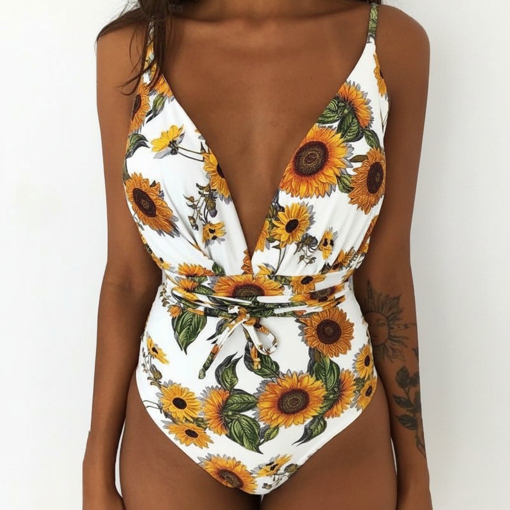 Maillot de bain une pièce décolleté plongeant – Motif tournesol 🌻🌻🌻