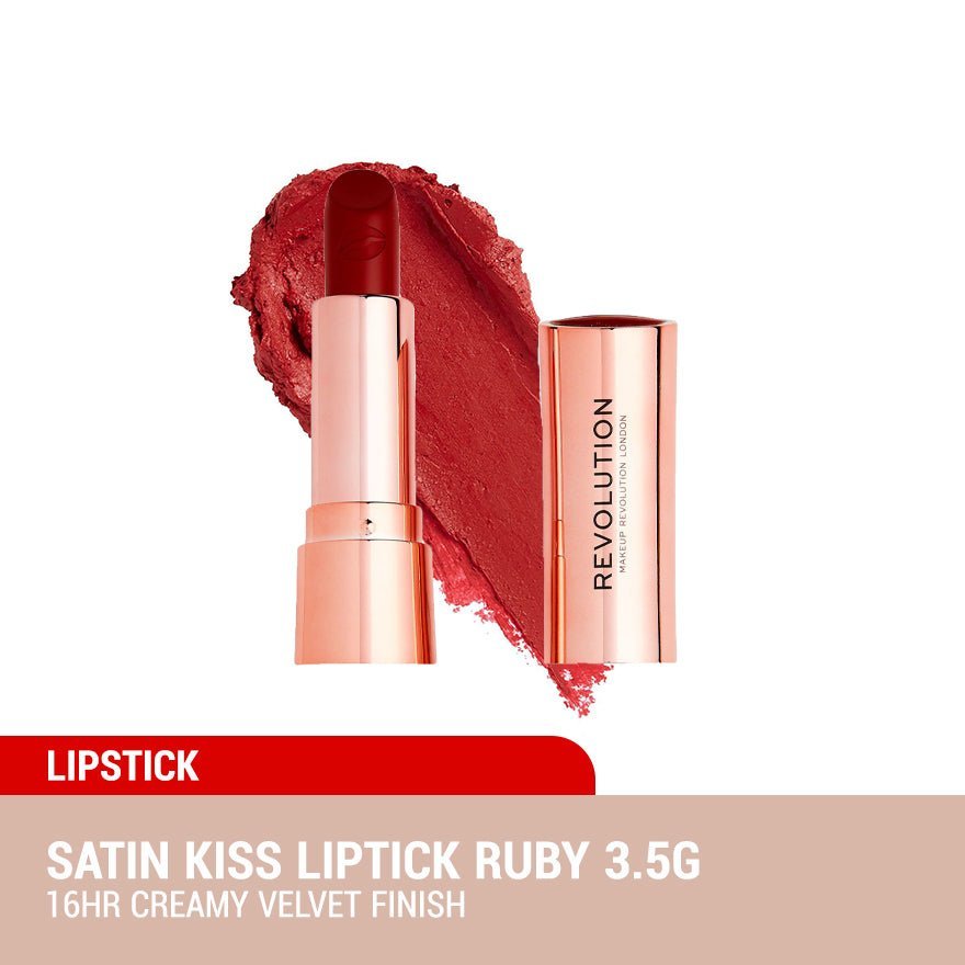 Combo Makeup Revolution – Satin Kiss Lipstick Ruby + IRL Filter Finish Lip Definer Chai Nude