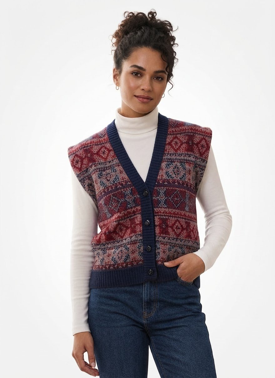 Gilet sans manches vintage à motifs jacquard géométriques – Rouge & Bleu marine 