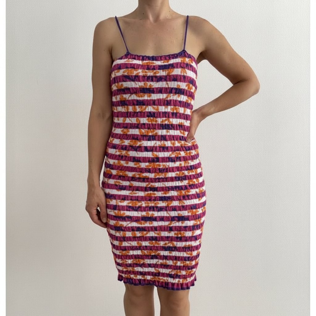Robe smockée vintage à fines bretelles - Motifs floraux et rayures