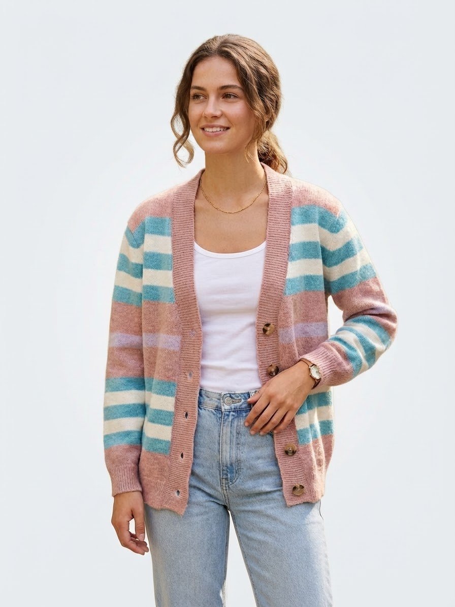 Gilet cardigan oversize en maille – Rayures pastel (Rose, Bleu & Beige)