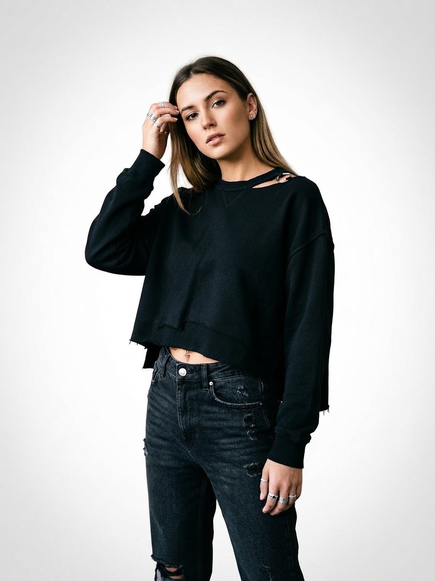 Sweat-shirt crop noir Bershka – Découpe épaule et anneau métallique