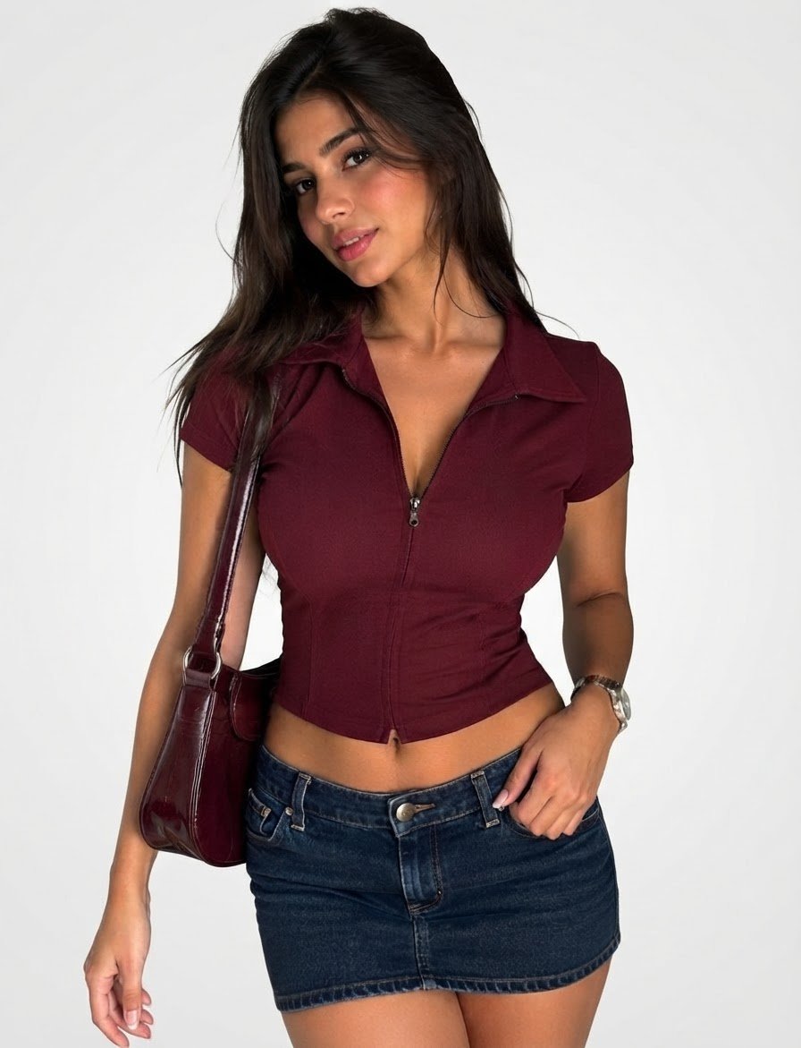 Haut femme bordeaux à fermeture zippée – Élégant et tendance