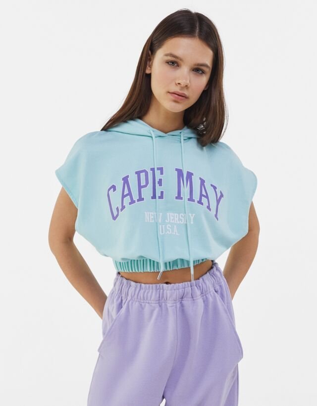 Crop Top Sweat Sans Manches à Capuche "Cape May" - Vert Menthe