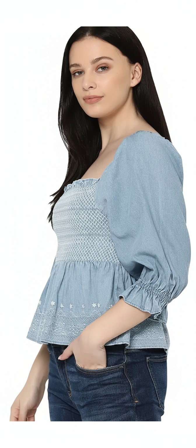 Haut en Jean Peplum à Smocks et Manches Bouffantes