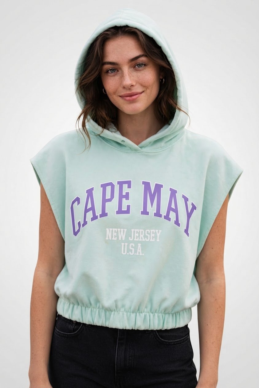 Crop Top Sweat Sans Manches à Capuche "Cape May" - Vert Menthe