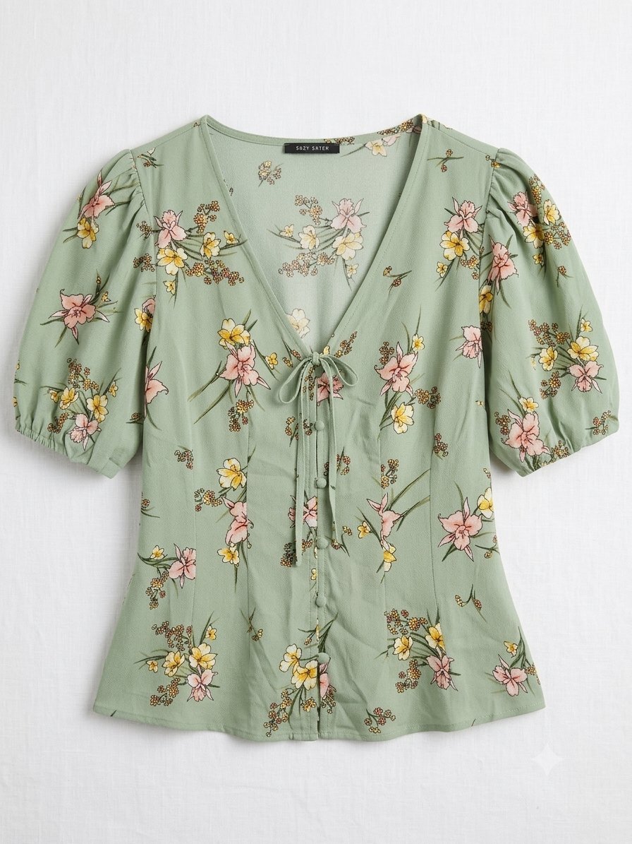 Blouse fluide vert sauge à imprimé floral et décolleté lacé