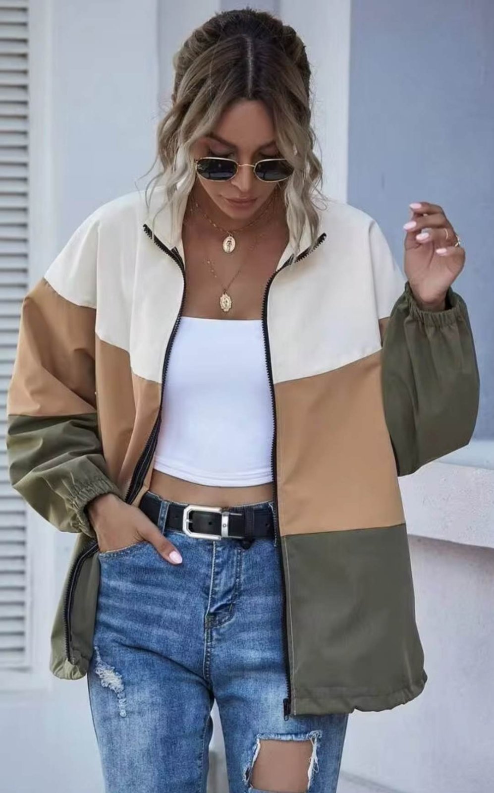 EMERY ROSE Shein Blouson zippé avec blocs de couleurs