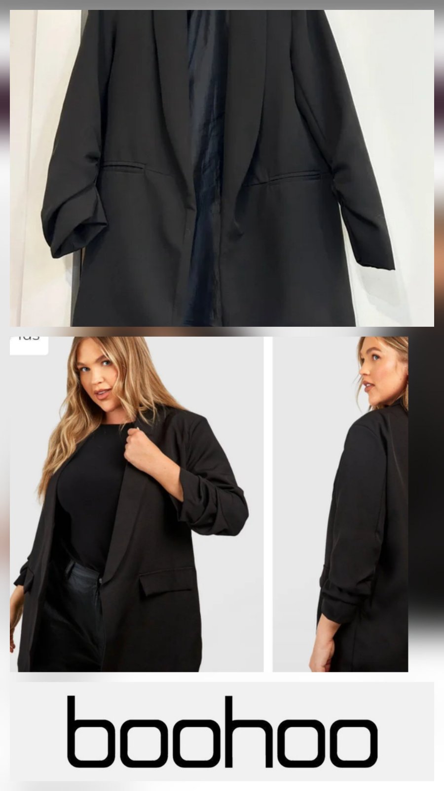 Un blazer noir de taille XL, de la marque Boohoo.