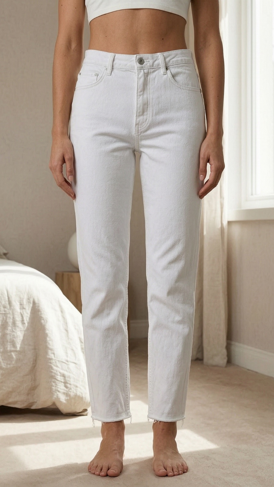 Pantalon est un jean blanc ou écru à taille haute, coupe droite ou mom fit, avec un ourlet effiloché à la cheville