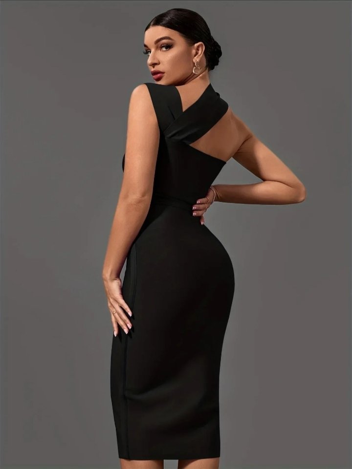 Black midi dress one shoulder 