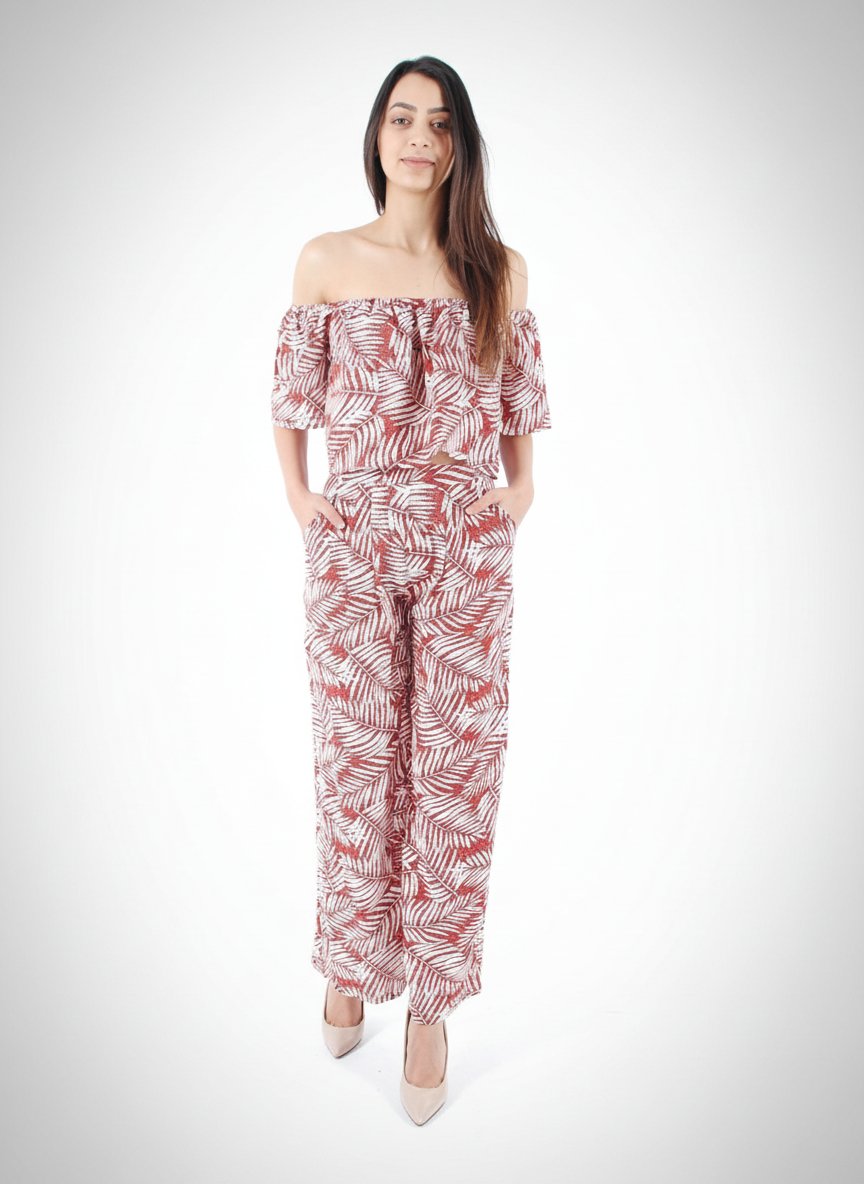  Ensemble Crop Top Pantalon Large Motif Feuille Blanc 