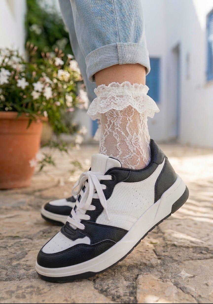 This is a casual, trendy black and white sneaker.