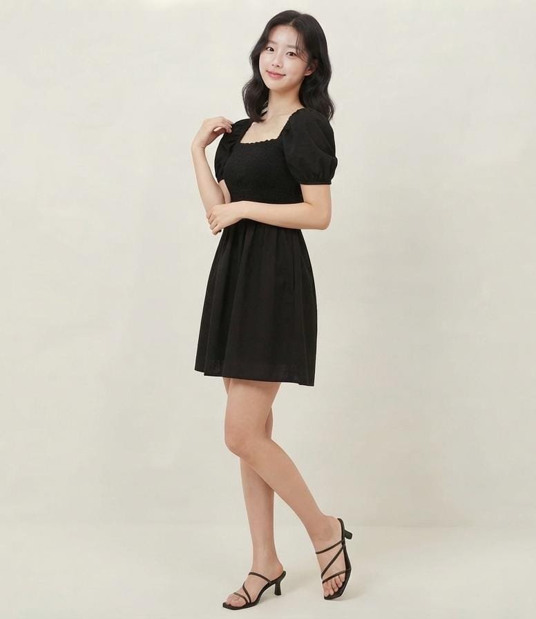  Forever 21 Black Smocked Puff Sleeve Mini Dress 