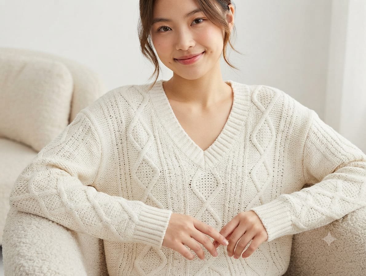 V-neck cable-knit sweater 🤍🌷 