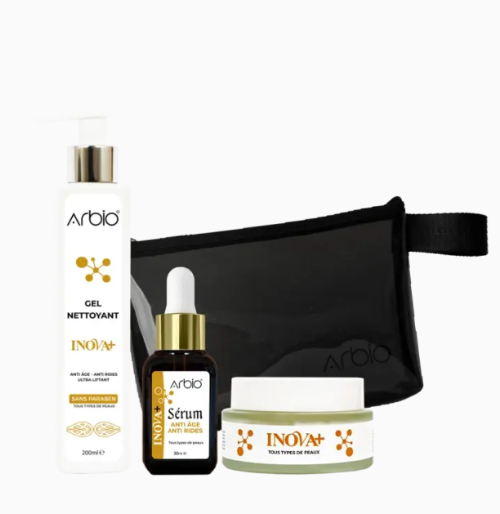 Pack inova+ : Gel nettoyant & Sérum & Crème de nuit + trousse transparente noire