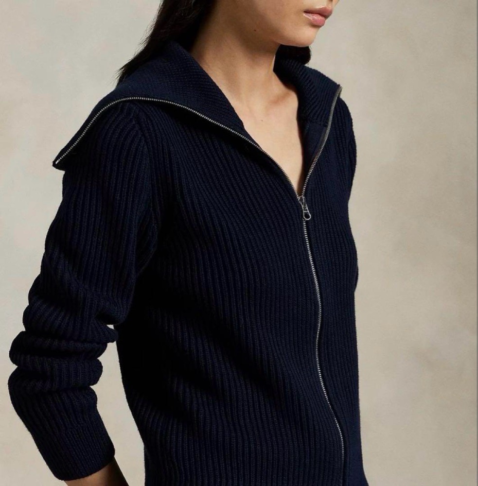 Pull à Zip Complet en Coton Côtelé – Bleu Marine