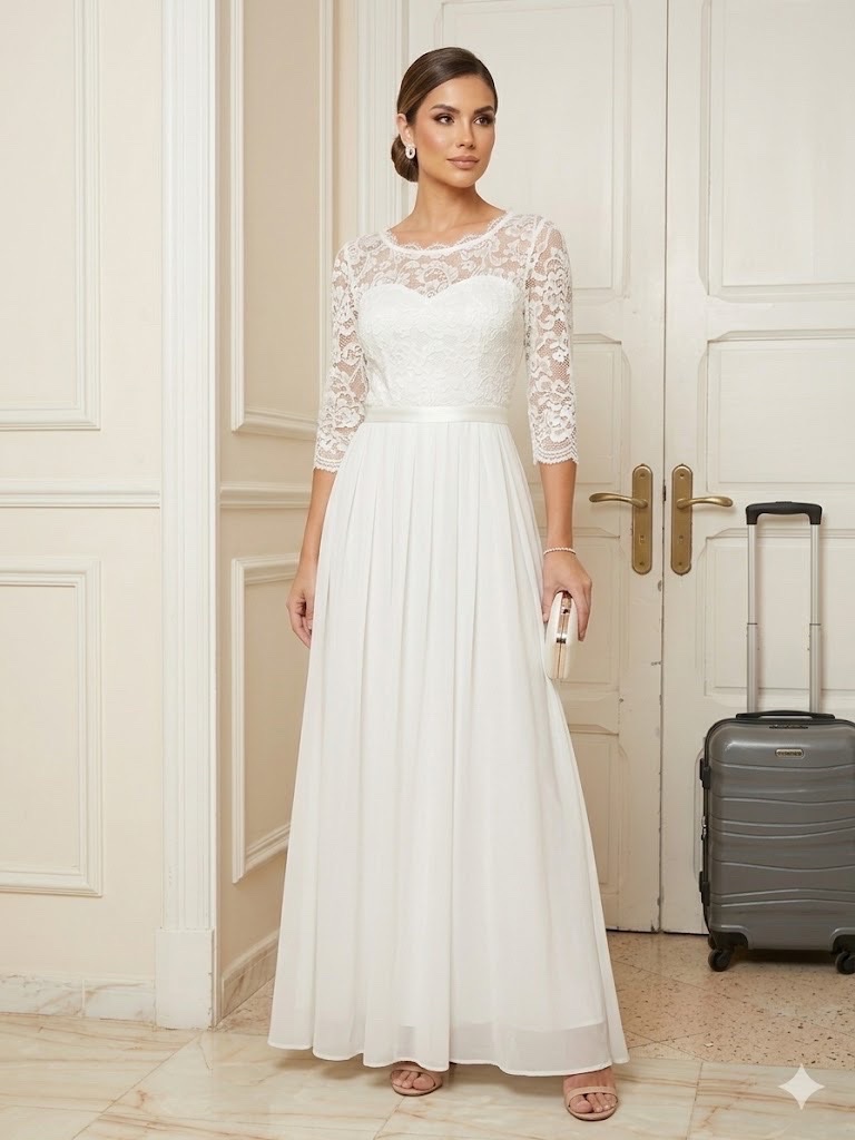Robe de soirée blanche en dentelle et mousseline - Neuf