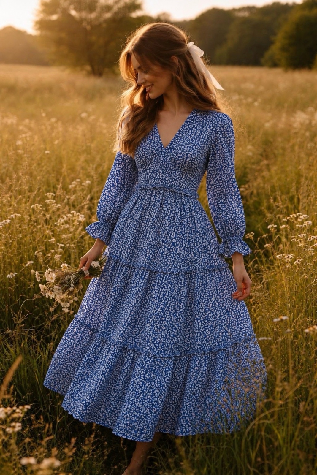Robe longue bleue imprimée à volants 🩵