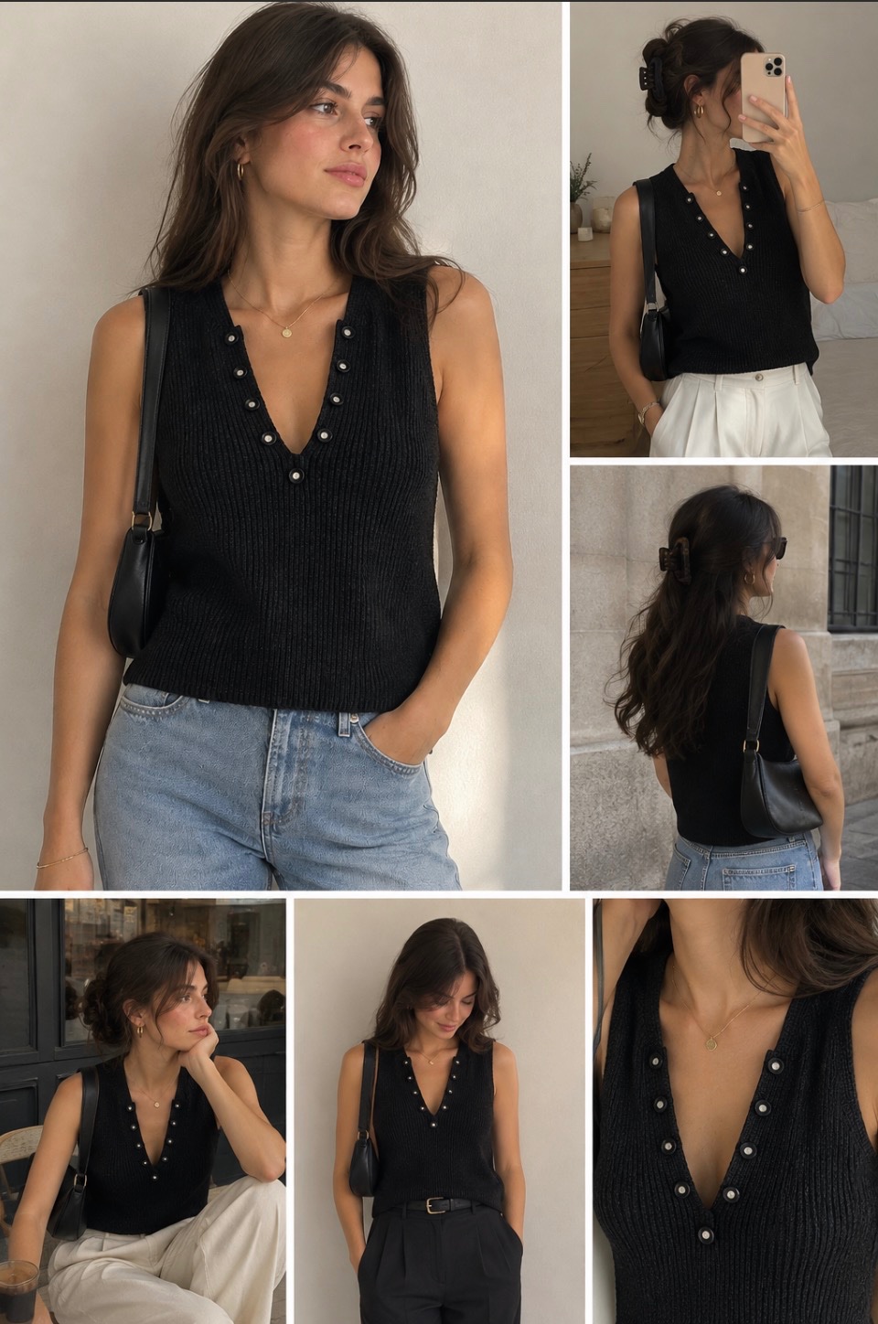 A vintage black ribbed-knit Henley vest/tank top from the Hennes Collection