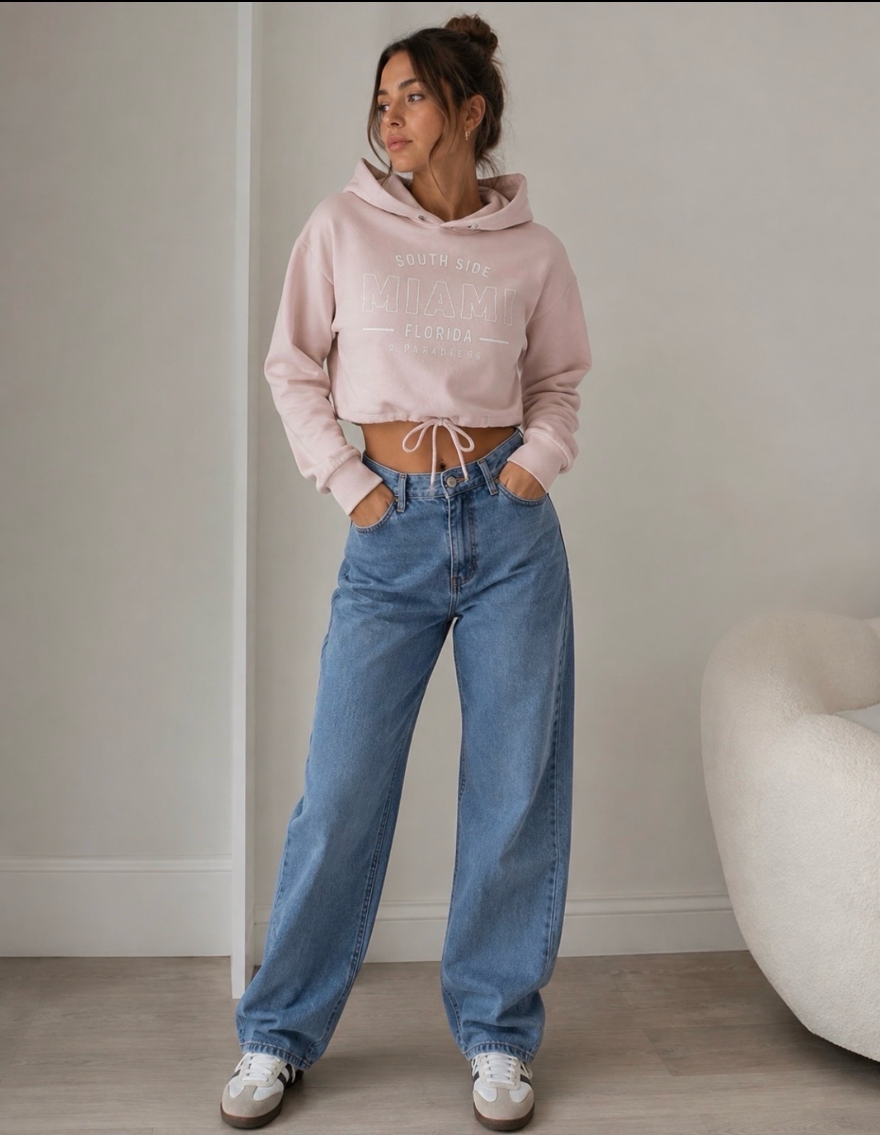 Light pink cropped drawstring hoodie 