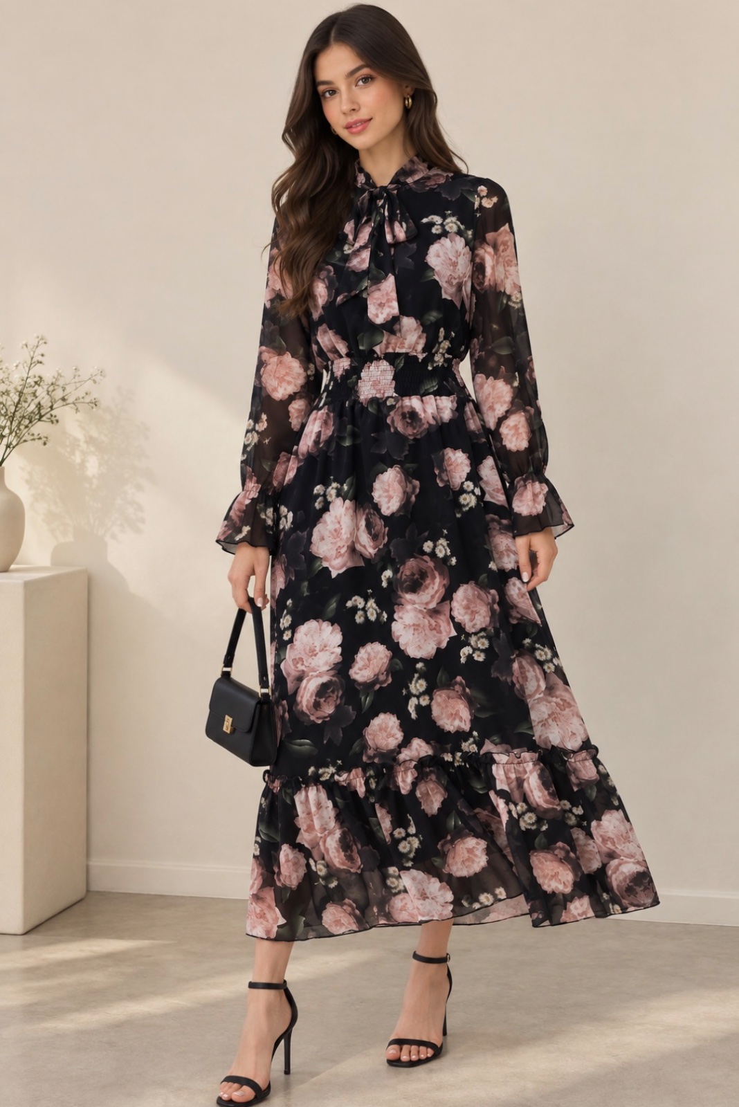 Floral print long-sleeve midi dress