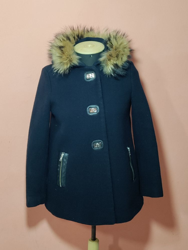Veste en laine Sandro à capuche et fourrure avec finitions en cuir