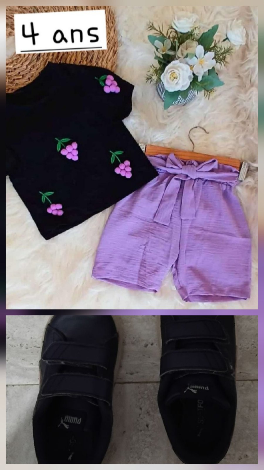 Total look t shirt + short fille 4ans jamais porté et basket pointure 26 en bonne état 
