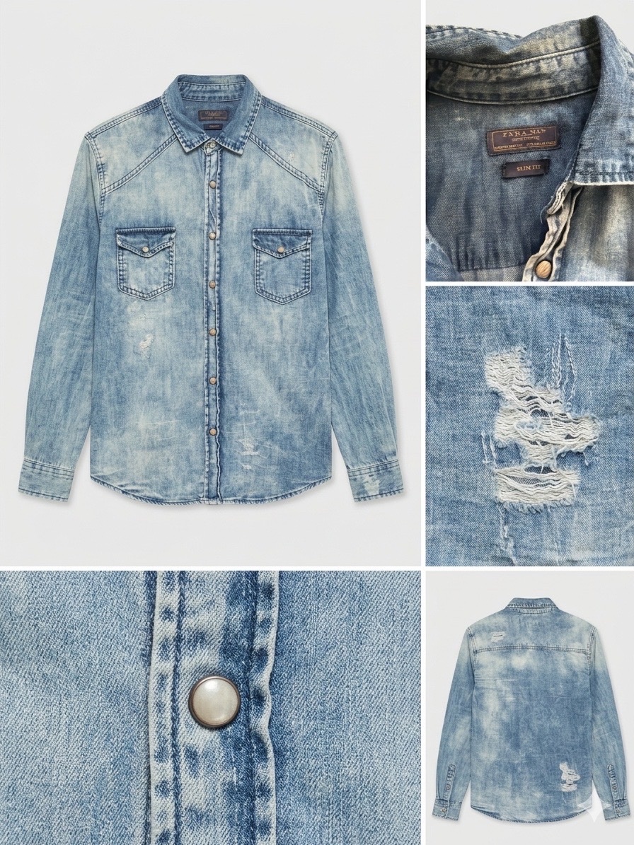 Chemise en jean délavée Zara Man – Style Western & Destroyed – Taille S