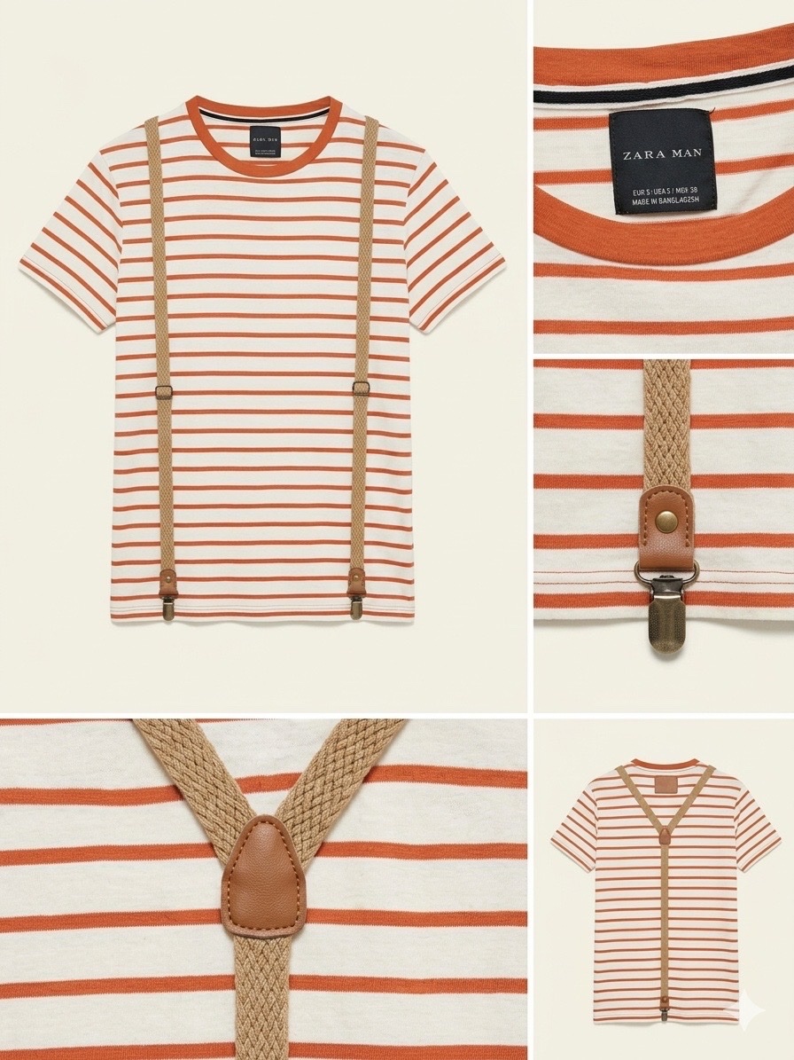 T-shirt marinière rayé orange Zara Man avec bretelles amovibles – Taille S