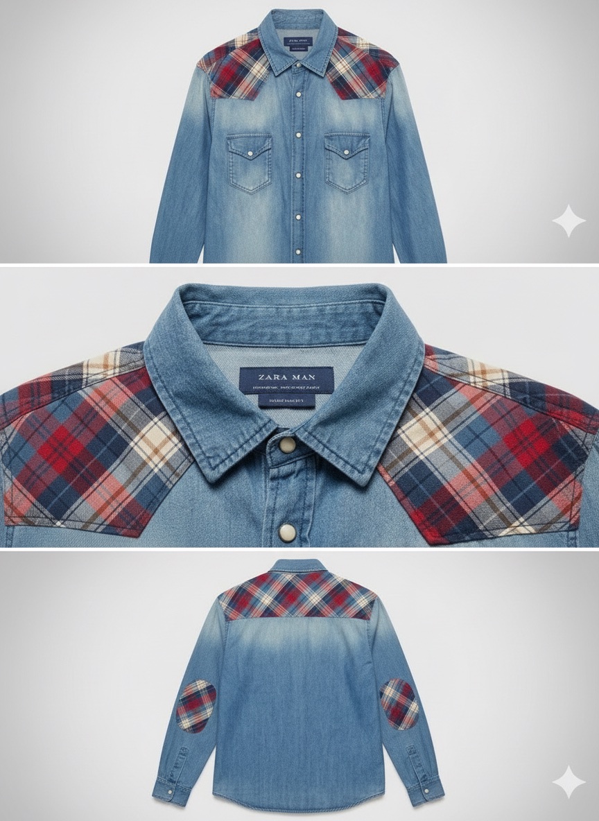 Chemise en jean Zara Man – Style Western avec détails à carreaux