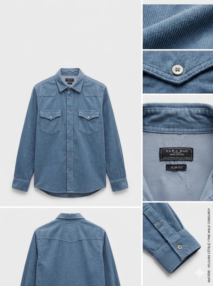 Chemise en velours côtelé bleu Zara Man – Style Western – Taille S