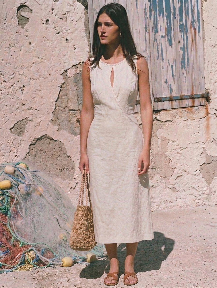 Robe 100% lin kamraya sans manches beige 
