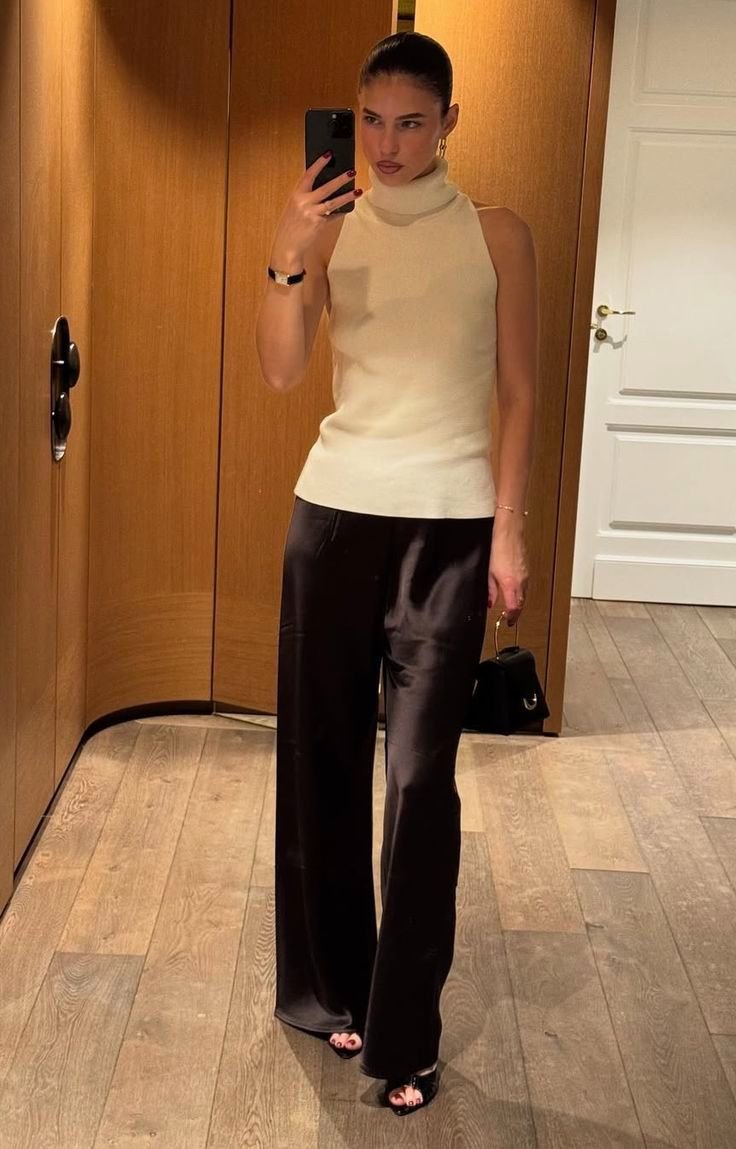 Pantalon noir satin taille ajustable 