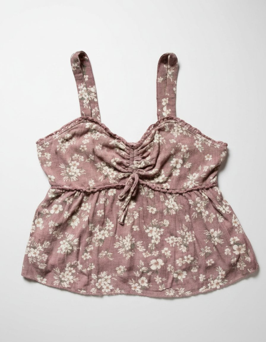 Débardeur babydoll rose floral, décolleté en cœur froncé et d'un cordon de serrage.