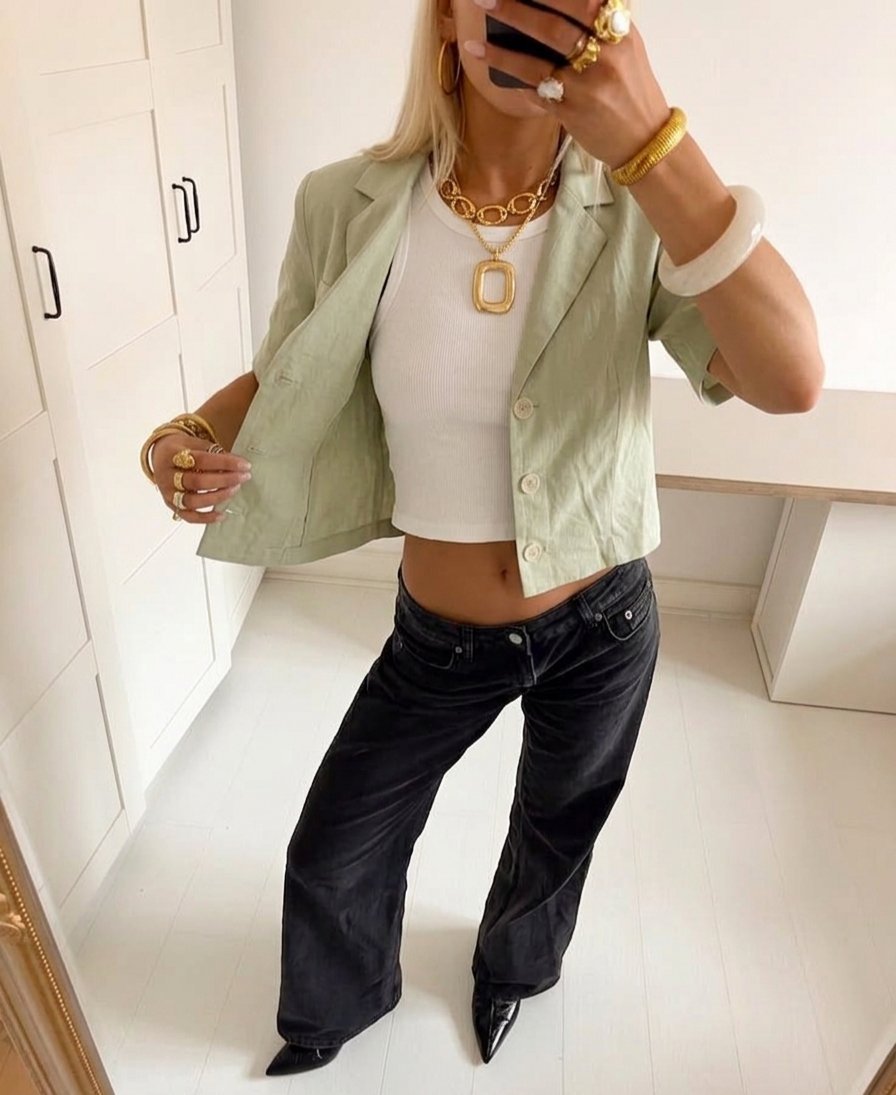 Blazer chemise vert pastel cropped manches courtes 