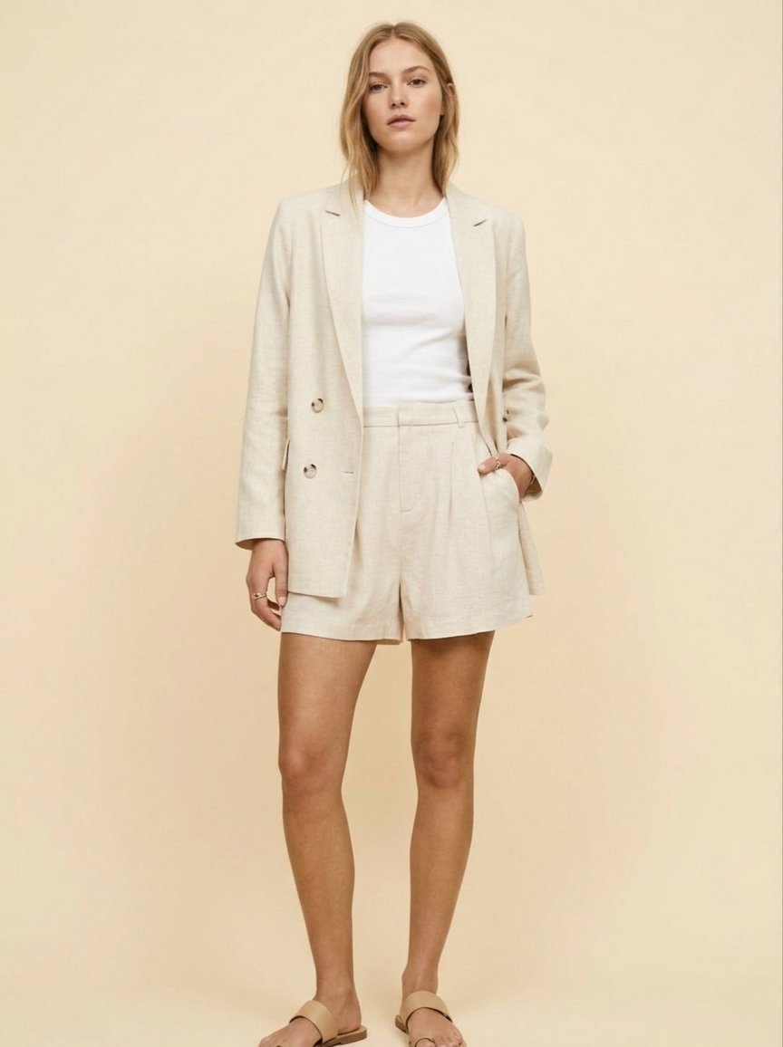 Ensemble Blazer et Short en Lin Stradivarius Description : Superbe ensemble assorti en lin beige Stradivarius