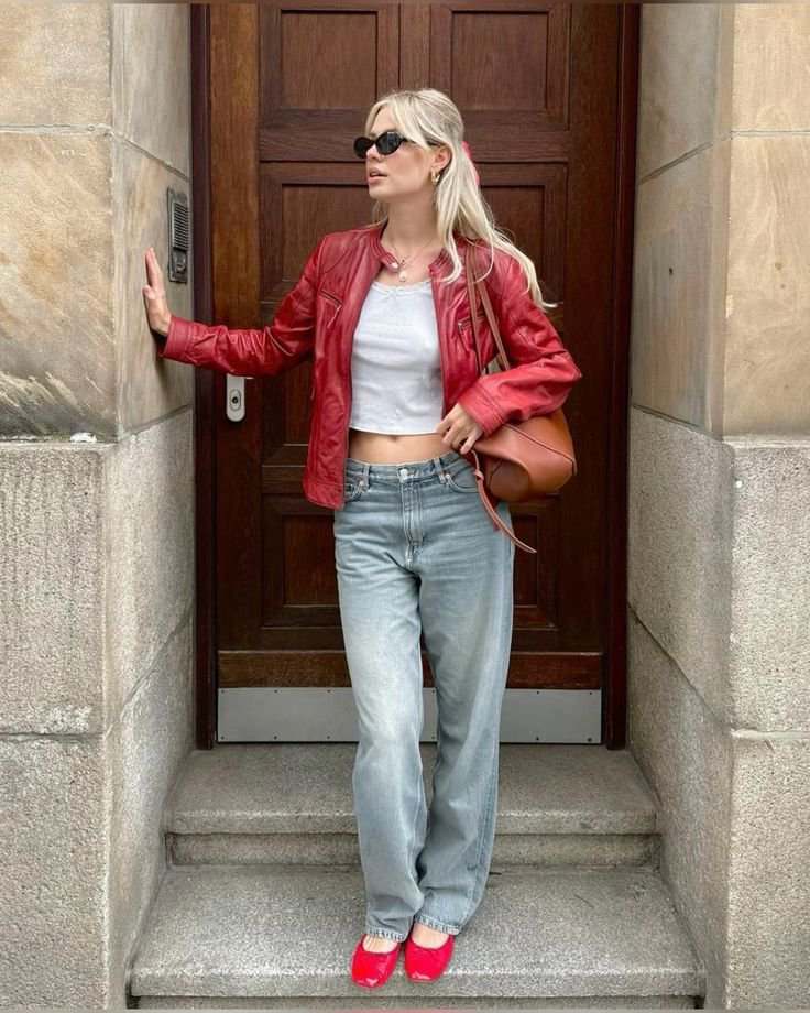 Biker leather jacket veste cuir rouge