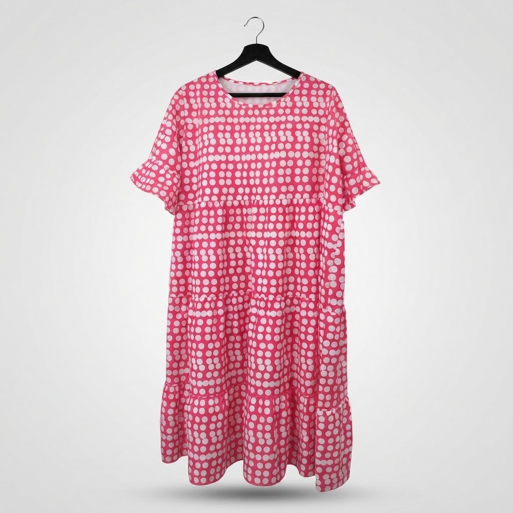 Robe rose a petit pois satinee taille large