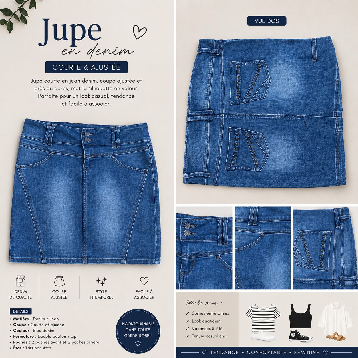 Jupe courte en jean denim bleu – coupe ajustée & poches cloutées