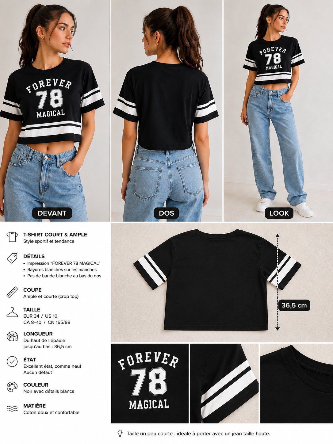 T-shirt court et ample H&M – Noir & blanc – Taille EUR 34 / US 10