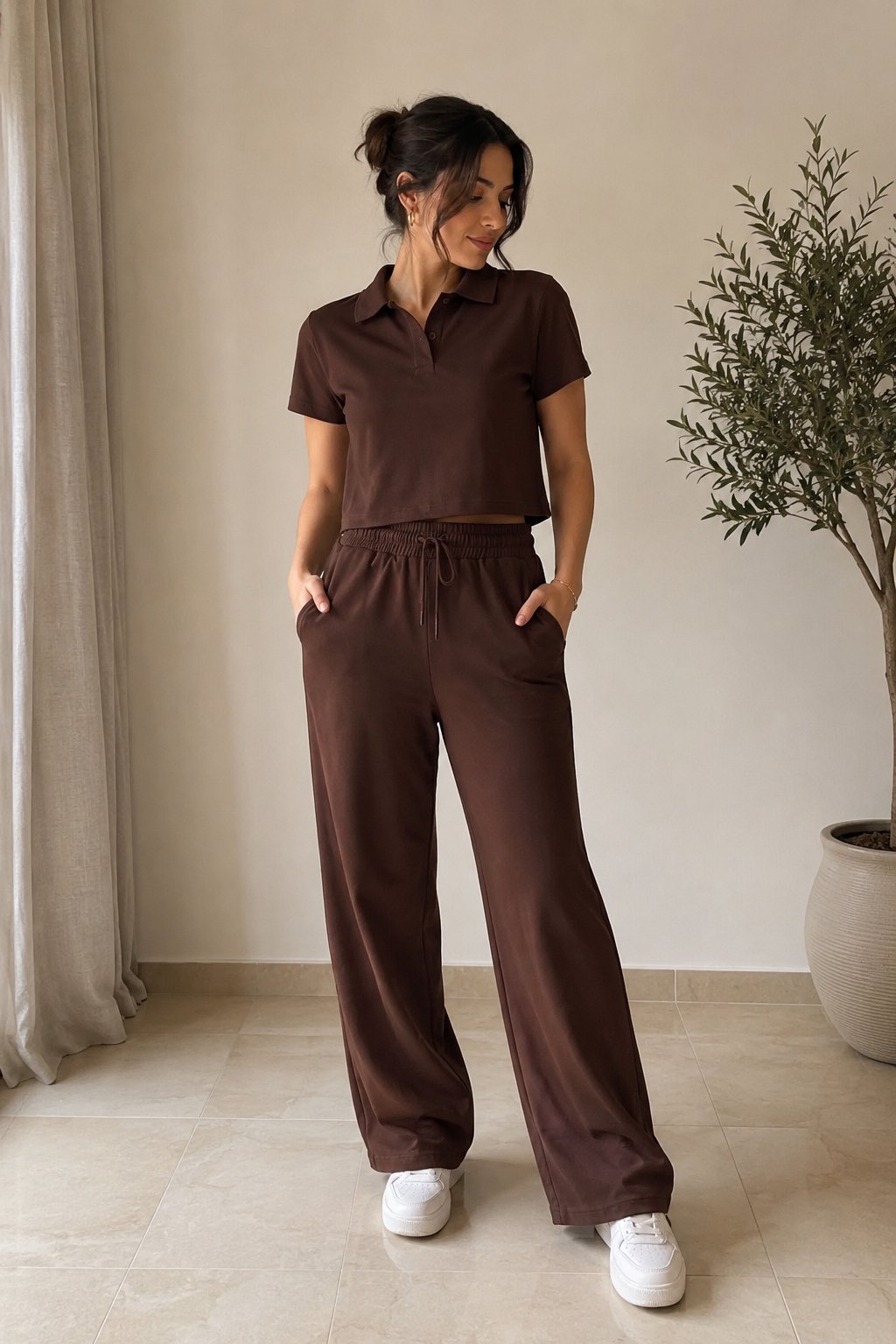Ensemble femme marron chocolat – Polo & pantalon fluide